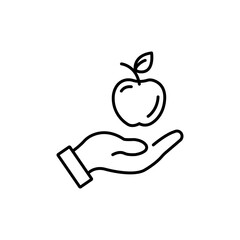 Apple in hand icon. Hand holding an apple, logo on white background.