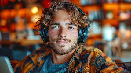 Fototapeta premium Young man in headphones playing video games on computer at home in the evening