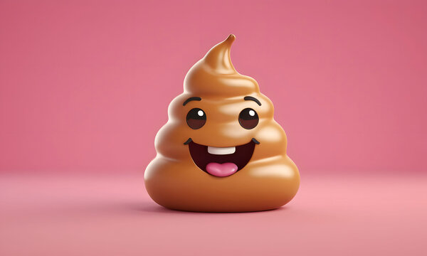 Image of a poop with a face on a pink background. Artificial intelligence. 