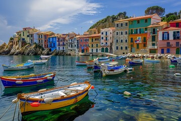 Colorful Fishing Boats in a Quaint Seaside Town.
