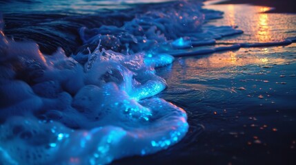The gentle movement of waves illuminated by bioluminescent algae creating a magical atmosphere on the surface of the ocean.