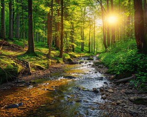Obraz premium Serene forest with sunlight filtering through trees, highlighting a calm stream flowing through the lush greenery.
