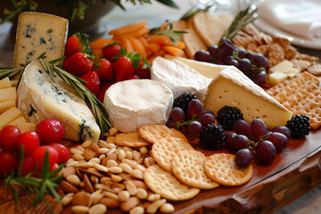 A cheese board, artfully arranged with a variety of cheeses, crackers, fruits, and nuts
