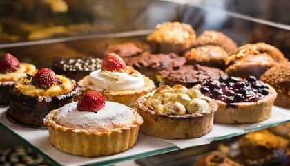 A variety of different pies in a display window for sale; delicious, gourmet pastries