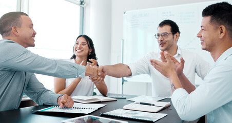 Business people, meeting and welcome with handshake for onboarding, partnership or review project....