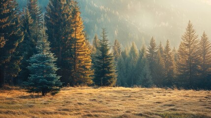 12w sugar pine trees on the side of the of the image, warm feeling, big mountain on the backround...