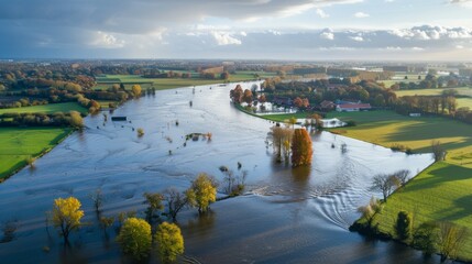 Fototapeta premium A flooded area with trees and houses in the background