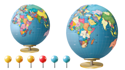 Globe with pins on it with bracket shaped realistic isolated on transparent background.