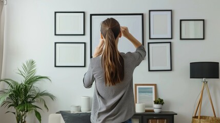 14w happy woman hanging up 3 family photos on gallery wall in their home, black frames, realistic 