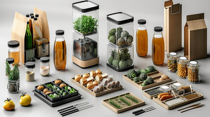 Innovative eco-packaging solution presentation. A variety of fresh and packaged foods displayed on a white surface, featuring modern and minimalistic packaging.
