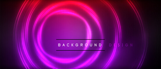 Neon glowing circle rays, light round lines in the dark, planet style neon wave lines. Energetic electric concept design for wallpaper, banner, background