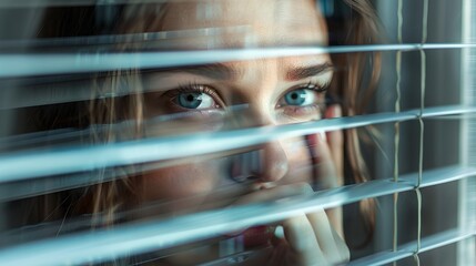 Intense gaze through venetian blinds. Mysterious woman peering out. Conceptual intrigue, suspense in everyday setting. Ideal for thriller themes. AI