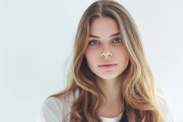 Naklejka premium Attractive Woman in Advertisement. Young Beautiful Female Model with Long Hair on White Background