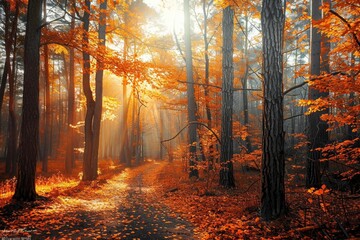 Obraz premium Autumn Forest: A Tranquil Nature Scene with Sunlight Filtering Through the Trees