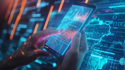 Person using a smartphone to analyze data in a futuristic digital environment with glowing charts and graphs on the screen.
