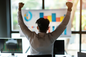 Woman Raising Arms in Motivational Gesture. Generative AI