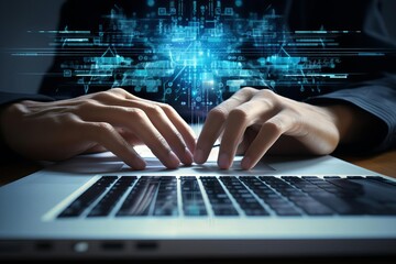 Hands typing on a laptop keyboard with digital code overlay, symbolizing technology, coding, and cybersecurity in a business environment.