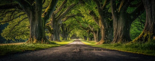 Serene tree-lined road stretching into the distance, surrounded by lush green foliage creating a peaceful and natural tunnel-like canopy.