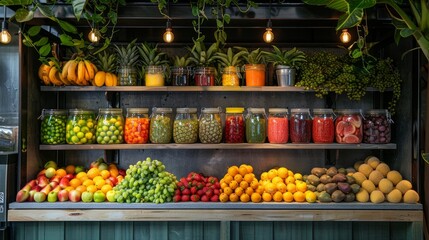 Freshly squeezed juice bar with assorted fruits --ar 16:9 --stylize 250 Job ID:...