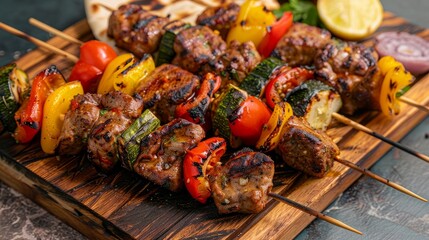 Grilled kebabs with vegetables and pita bread --ar 16:9 Job ID: 1de852b3-815b-4773-8c68-9fe62ed97e15