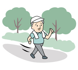 涼しい場所でウォーキングをするシニア男性