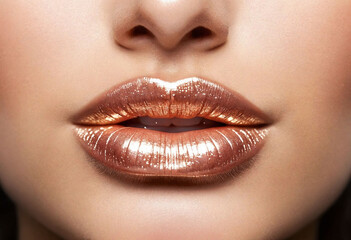 Obraz premium Close-up of glossy, shimmering lips with a soft light highlighting their smooth texture
