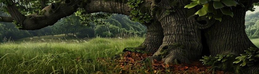 A tranquil scene featuring the base of a large tree in a lush meadow, surrounded by tall grass and greenery, evoking a sense of peace and nature.