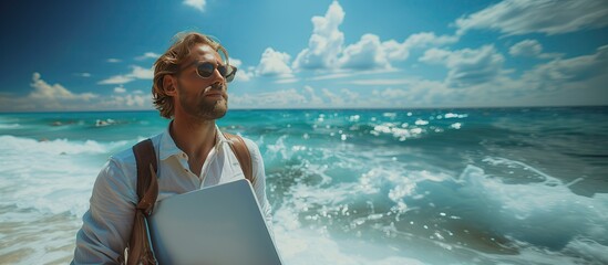 Businessman during summer vacation Businessman at sea holding laptop working all the time Even when traveling, freelancer on the beach, sea, summer