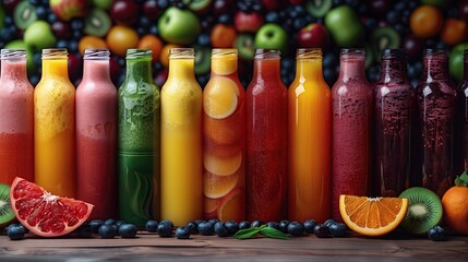 Fresh juice, smoothie, red, green, yellow, tropical fruit, watermelon, strawberry, apple, kiwi, orange, mango, banana, apple, pomegranate, grape, colorful juice bottle
