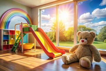 A child playroom with a giant teddy bear and many colorful toys scattered on the floor, at home
