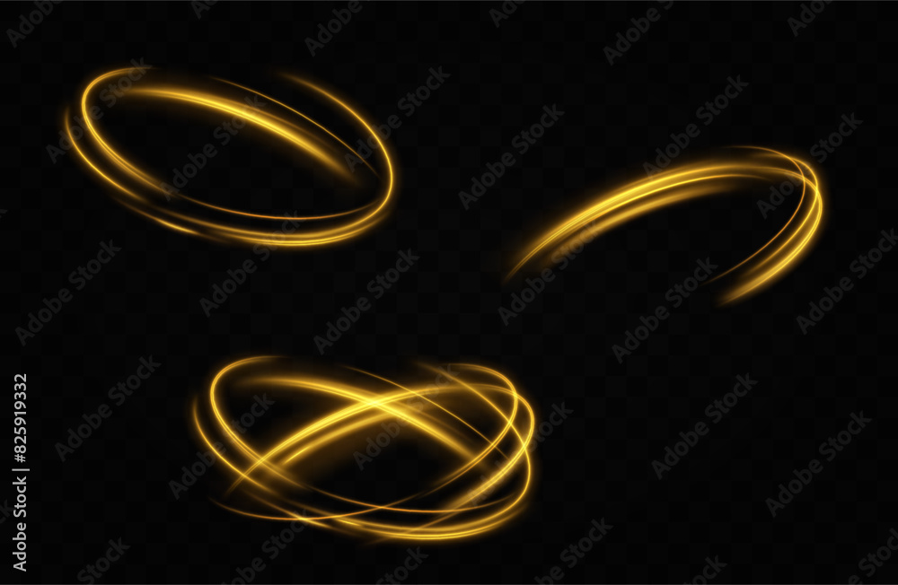 Aufkleber Golden glowing swirl. The effect of moving at the speed of light. Easy trail. Shiny wavy path. Vector.Neon light.	