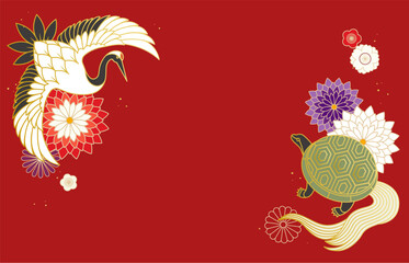 鶴と亀と和花の背景イラスト素材 ベクター 縁起物 敬老の日 寿 長寿 祝い 年賀
