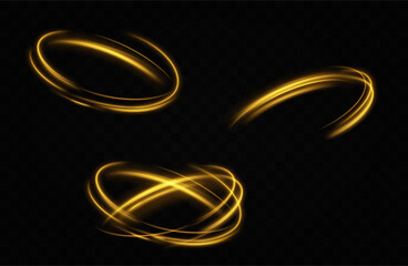 Naklejka premium Golden glowing swirl. The effect of moving at the speed of light. Easy trail. Shiny wavy path. Vector.Neon light. 