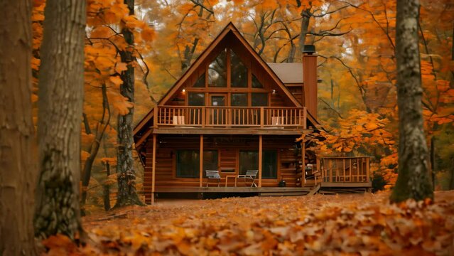 A cabin nestled among colorful fall foliage in the forest, A cozy cabin tucked away in the changing leaves