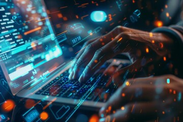 Hands working on a laptop with data overlays