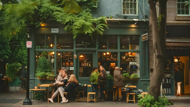 Couple dining at table outside cozy restaurant on bustling street, A cozy coffee shop nestled on a bustling street corner - Powered by Adobe