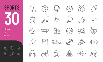 Sports Editable Icons set. Vector illustration in modern thin line style of sports equipment and activities icons: balls, skateboard, cycling, and more. Pictograms and infographics for mobile apps. © Vectuz