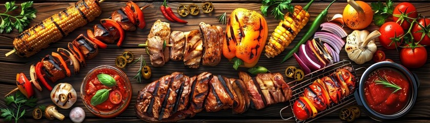 Assorted grilled meats, vegetables, and side dishes arranged on a wooden table ready for a BBQ...