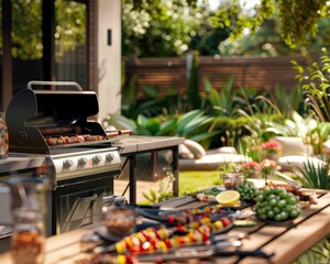 Hosting a summer barbecue in a backyard garden Theme outdoor cooking - front view - grilling delights - advanced tone - black and white