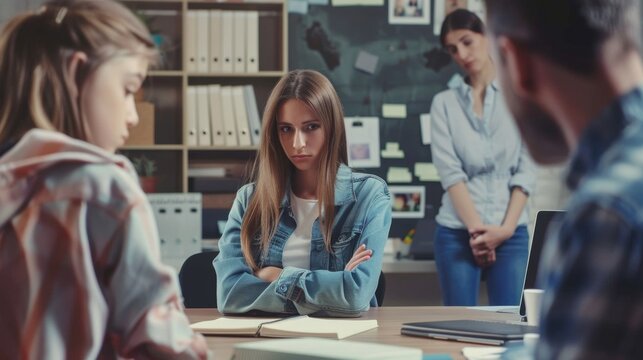 Apologetic Child Seeking Forgiveness from Teacher in Office, 4K Wallpaper