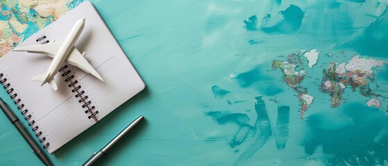 Travel planning concept with notebook, pen, and airplane model on world map background. Perfect for journey inspiration and travel agency promotions.