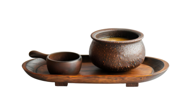 A wooden tray holding a cup and saucer