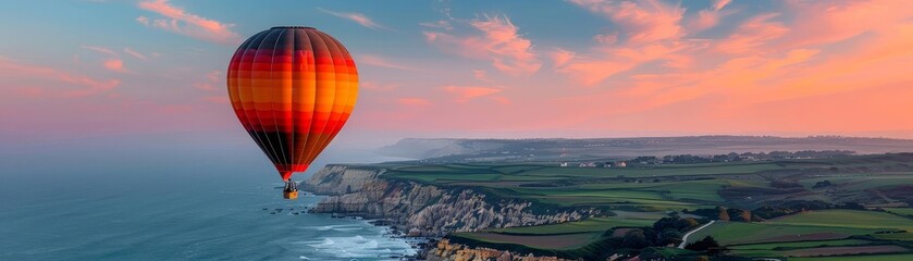 Fototapeta premium Stunning hot air balloon flight over scenic coastal landscape at sunset with dramatic skies and oceanic views.