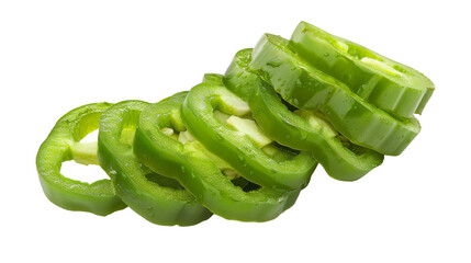 A collection of green bell peppers sliced into round pieces, neatly stacked on a clean white surface