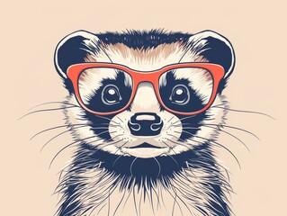 Adorable cartoon ferret wearing red glasses, stylish animal illustration, vector art with beige background, perfect for cute designs.