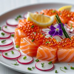 an elegant presentation of fresh salmon sashimi topped with salmon roe sprinkled with chopped chives, thinly sliced beetroot