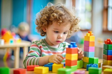 Children playing with toy blocks or colorful legos with concentration and focus. Little boy building a tower at home or daycare. Educational toys for small children. Messy in the kindergarten playroom