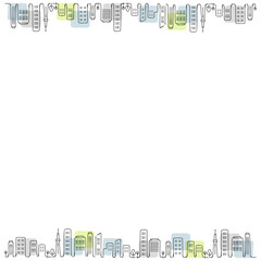 手書き　都会の街並み　ビル　線画　フレーム背景　正方形