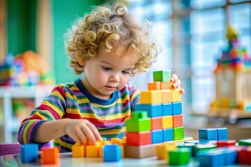 Children playing with toy blocks or colorful legos with concentration and focus. Little boy building a tower at home or daycare. Educational toys for small children. Messy in the kindergarten playroom
