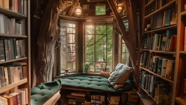 A room filled with numerous books stacked on shelves, with a window letting in natural light, A cozy reading nook surrounded by towering bookshelves